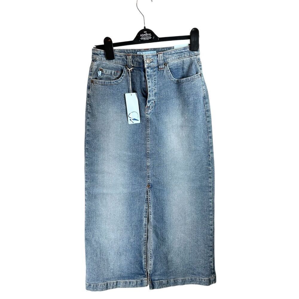 Vintage Y2K Denim Midi Skirt Blue Wash Split Hem Stretch Jeans Western Style